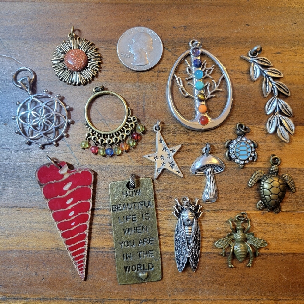 13 Jewelry Pendants Charms - Hippie, turtles, chakra, mushroom, shell